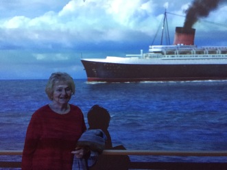 Mum, posing against a moving backdrop to give the illusion of being at sea